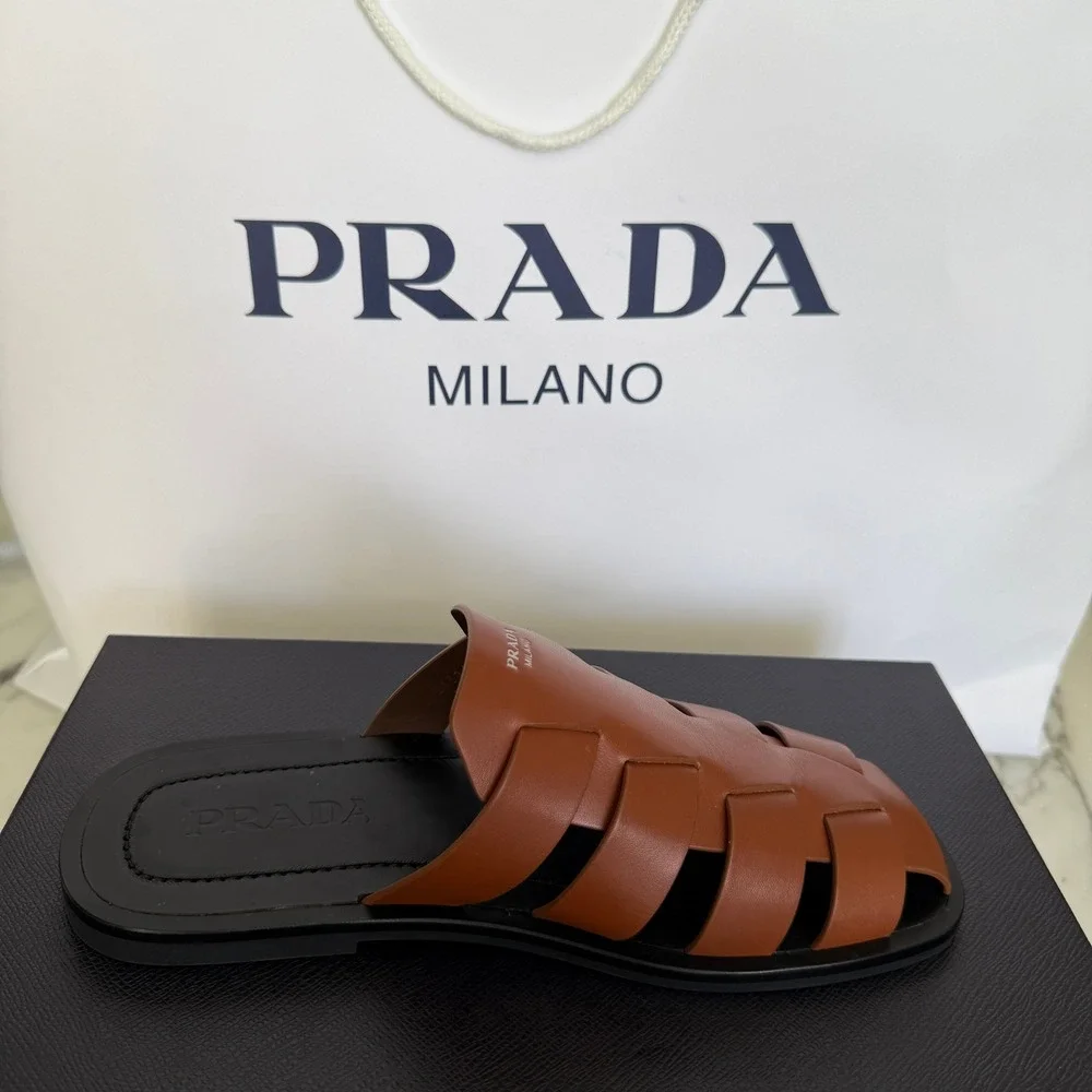 Prada 2X3145 Cognac Leather Fisherman's Mules Sandals Shoes, Sz. US 8.5 (UK 7.5)